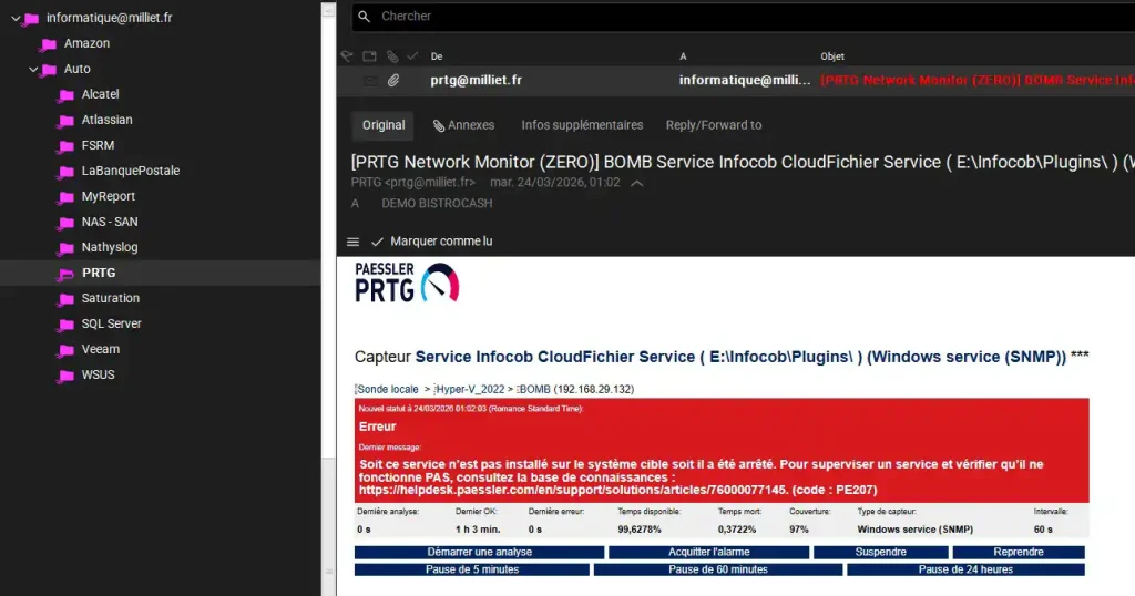 Capture d'écran PRTG présentant la configuration des alertes personnalisables