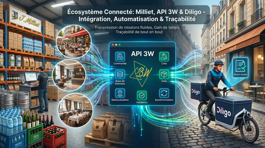 Développement API logistique entre Milliet, 3W et Diligo pour automatiser les missions de livraison